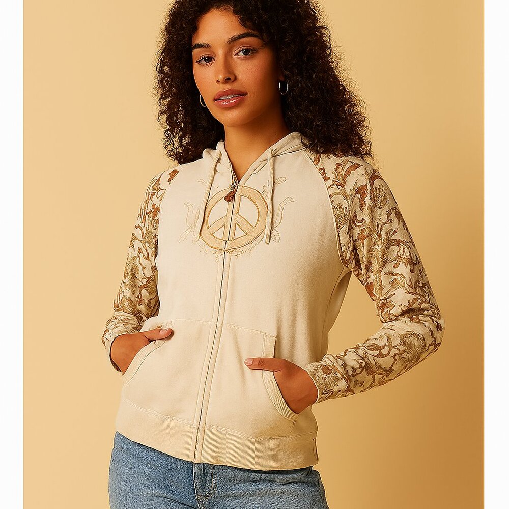 Orb Cream Floral Embroidered Peace Symbol Y2K Women's Hoodie Size L